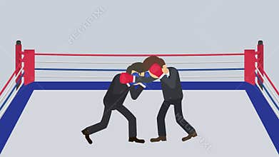 Fighting each other in boxing ring. Businessman battle wearing boxing gloves. Business competition concept. Flat Loop animation.