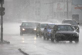 City traffic on the rain in Kharkov
