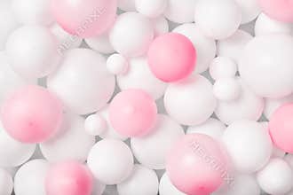 White and pink balloons pattern. Party or birthday background. Flat lay style