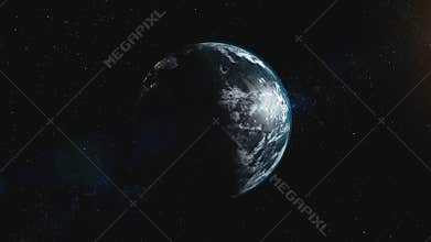 Rotate planet earth zoom in sun beam illuminate