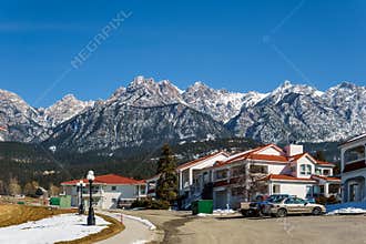 FAIRMONT HOT SPRINGS, CANADA - MARCH 18, 2019: spring in small town situated in rocky mountains british columbia