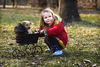 Girl with dog and pram