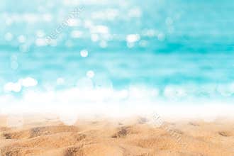 Tropical nature clean beach and white sand in summer with sun light blue sky and bokeh background