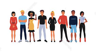 Cartoon employee team. Office workers group, happy young people smiling men and women standing together. Vector students