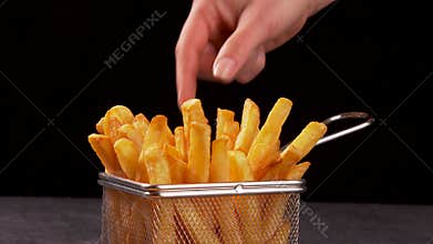 Hands sharing delicious french fries - camera slide