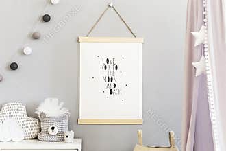 Stylish scandinavian nursery interior with hanging mock up poster, natural toys, teddy bears, children`s accessories and design