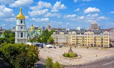 Kiev, Ukraine, city view with St. Sophia`s golden dome cathedral