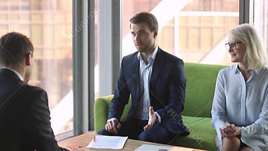 Company representative manager make business agreement with client handshaking