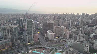 Flying over Beirut Zaytunay bay marina and downtown. Drone aerial shot of Beirut, Lebanon, during sunset.