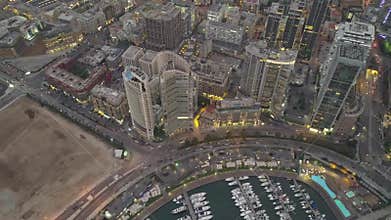 Sunset in the sea. Flying over Beirut Zaytunay bay marina and downtown. Drone aerial shot of Beirut, Lebanon, during sunset.