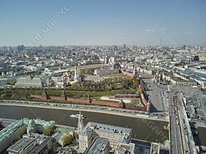 Aerial View on Moscow Red Square, Kremlin towers, Clock Kuranti, Saint Basil`s Cathedral church. Moscow Red Square