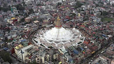 Nepal, Kathmandu. Boudhanath stupa. Aerial footage