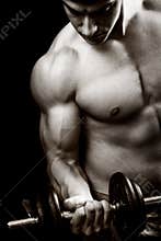 Gym and fitness concept - bodybuilder and dumbbell