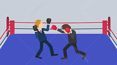 Fighting each other in boxing ring. Businessman battle wearing boxing gloves. Business competition concept. Flat Loop animation.
