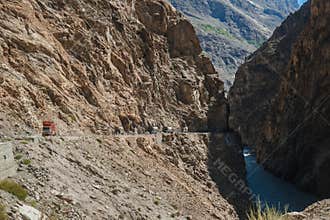 Pakistani trucks travelling along the Karakoram highway. Gilgit Baltistan, Pakistan.