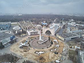 VDNH. Vostok carrier rocket against background of Cosmos pavilion - center for Cosmonautics and Aviation