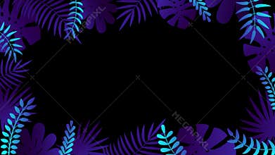 Violet, purple and blue plants, exotic leaves and palm for tropical frame. Looped 4K motion graphic with Alpha channel.
