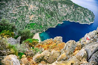 Butterfly Valley Kelebekler Vadisi part of the Lycian Way in Oludeniz, Fethiye, Mugla, Turkey. Summer and holiday concept
