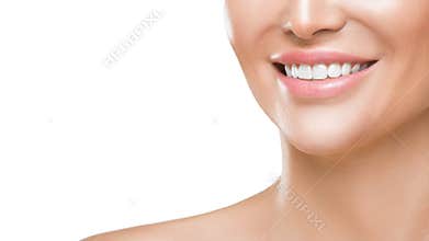 Closeup photo of woman`s smile with white healthy teeth, isolated on white background