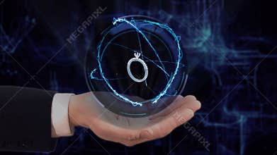 Painted hand shows concept hologram 3d ring on his hand