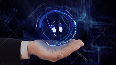 Painted hand shows concept hologram 3d pills on his hand