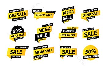 Sale tags collection. Special offer, big sale, discount, best price, mega sale banner set. Shop or online shopping. Sticker, badge