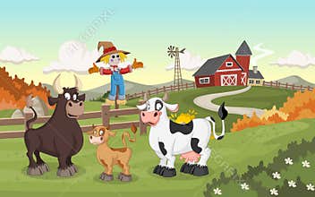 Cartoon cow, calf and bull.
