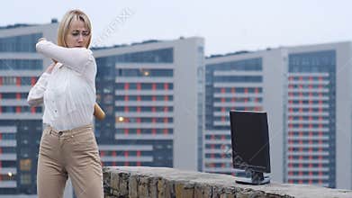 Young beautiful asian girl smashes monitor with baseball bat, violence, hatred, anarchy, destruction. 60 fps