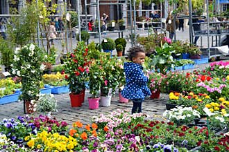 Kid surrounded with flowers on the street