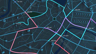 4K animation aerial view of night map with 3d building and destination moving location path with grain processed