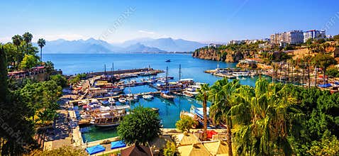 Panorama of the Antalya Old Town port, Turkey