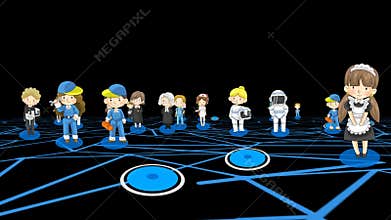 Alpha background animation cartoon characters in various professions and job both man and woman in social media internet network
