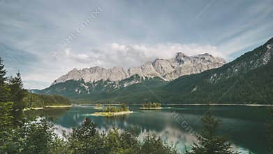 4K Time lapse of lake Eibsee in the Alps, Bavaria Germany. Mountain Zugspitze in the background