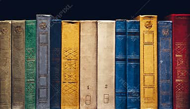 Old Books In A Row In Library On Black Background With Copy-Space