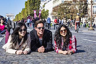 Friends on Champs Elysees at Paris car free day