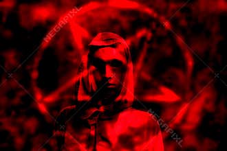 Satanic priest in red background