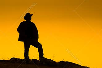 Cowboy silhouetted at dusk
