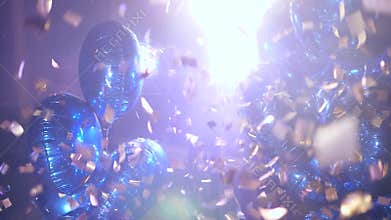 Lot vivid inflatable balls in flying confetti in bright spotlight