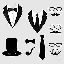 Men`s jackets. Tuxedo with mustaches, glasses, beard, pipe and top hat. Weddind suits with bow tie and with necktie. Vector icon.