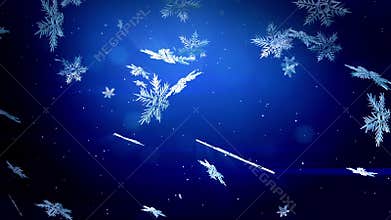 Decorative 3d snowflakes float in air in slow motion at night on a blue background. Use as animated Christmas, New Year