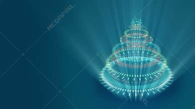 Stylized bizarre Christmas tree, blue background composed of yellow mechanical spiral wheels.