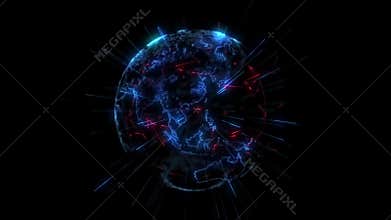 Spinning globe. Planet Earth as a blue glow hologram with power arc lines. 3d computer generated motion background
