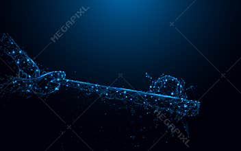 Baseball batter hits the ball form lines and triangles, point connecting network on blue background
