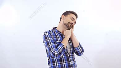 Sleepy man at white background
