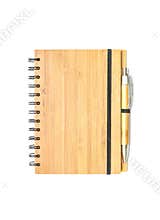 Closeup surface front of cover brown wooden note book with brown pen isolated on white background