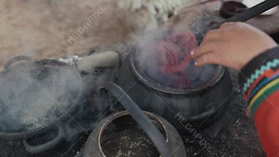 Woman make wool textile.Handmade traditional colorful wool. Peru woman make alpaca textile .