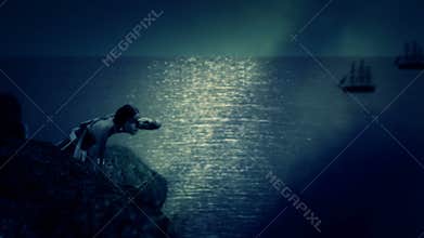 Primitive Native American Watching Spanish Sailing Ships on the Horizon