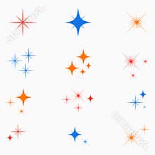 Sparkle stars. Set of color glowing light effect sign. Flashes starburst icon. Vector.