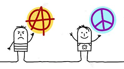 Cartoon Men with Anarchy and Peace Love Signs