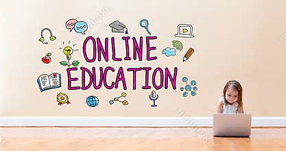 Online Education text with little girl using a laptop computer